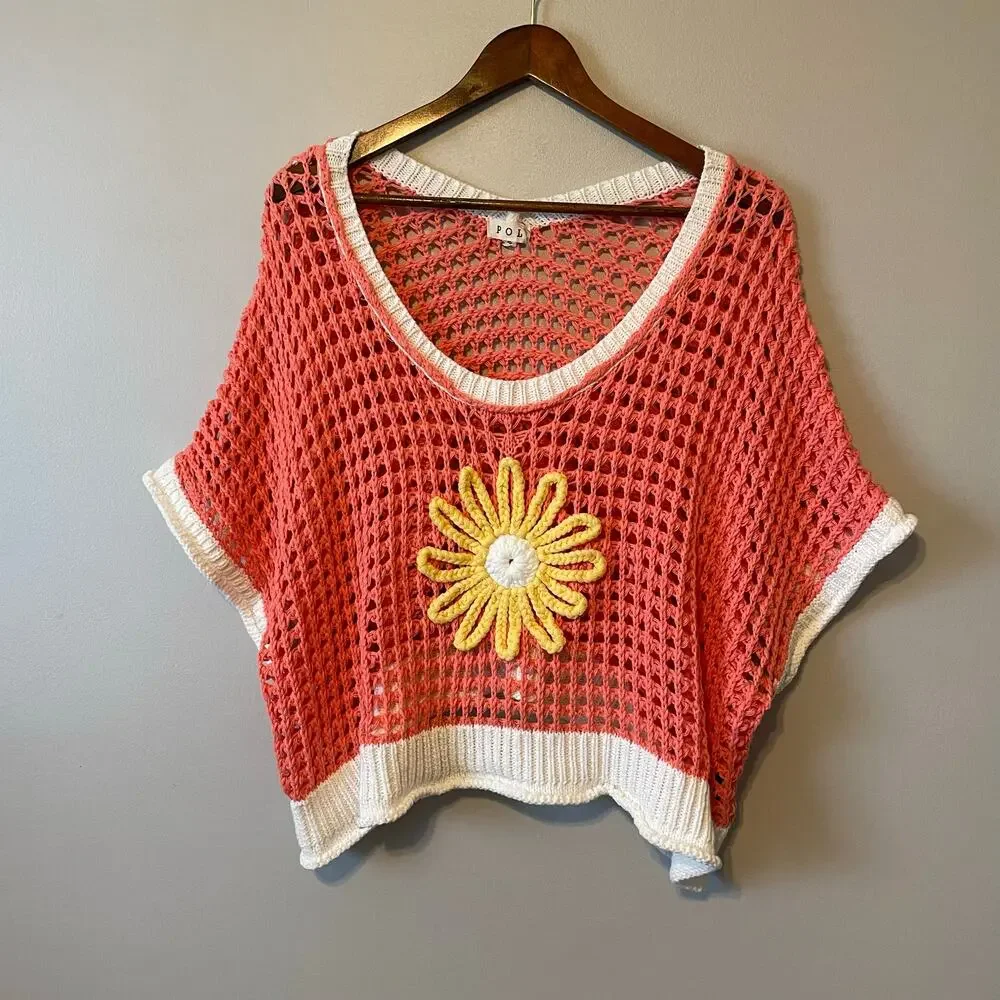 POL Flower Open Knit Crochet Sweater Daisy orange sz S - Picture 5 of 14